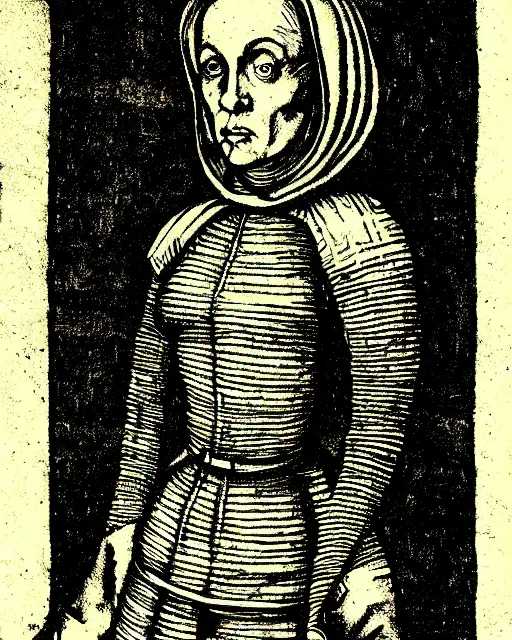 Prompt: etching of dana scully from the nuremberg chronicle, 1 4 9 3, sharp scan, restored