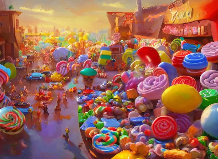 Prompt: candy zoo for a game candy themed, top angle, oil painting by jama jurabaev, extremely detailed, brush hard, artstation, for aaa game, high quality, brush stroke