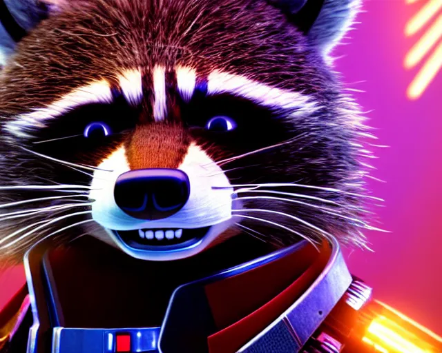Prompt: closeup portrait, furry rocket the raccoon standing in the hallway of a space ship from guardians of the galaxy, wearing mass effect armor, holding a rocket launcher, soft volumetric lighting, cinematic, disney, pixar, confident action pose