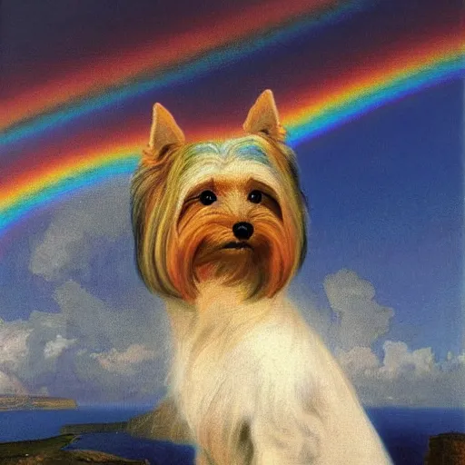 Image similar to Yorkshire Terrier under a rainbow in Santorini in the style of Lady with an Ermine, head and shoulders portrait, stormy weather, extremely detailed masterpiece, oil on canvas, by J. C. Leyendecker and Peter Paul Rubens and Edward Hopper and Michael Sowa,