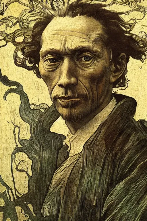 Prompt: realistic detailed portrait of van goh by denis villeneuve, amano, yves tanguy, alphonse mucha, ernst haeckel, max ernst, roger dean, ridley scott, dynamic closeup