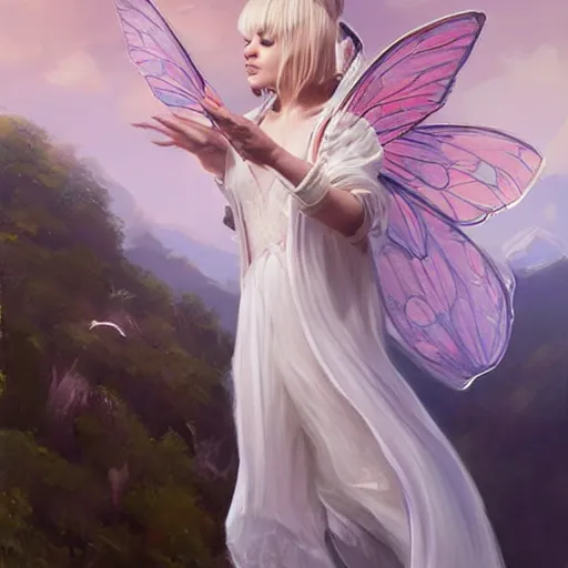 Prompt: a painting of a tiny fairy flying sitting on a bookshelf, ((((library interior)))), Blond hair, white long elaborate dress!!! Profile portrait, concept art by artgerm, alex ross, ruan jia, behance contest winner, vanitas, official art, poster art, concept art