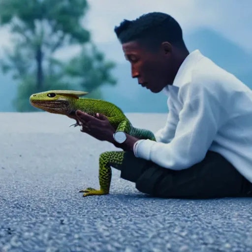 Prompt: cinematic film still of Pharrell Williams holding a lizard while Making A Beat with an anthropomorphic alien, Japanese VFX, 2018, 400mm lens, f1.8, shallow depth of field,film photography