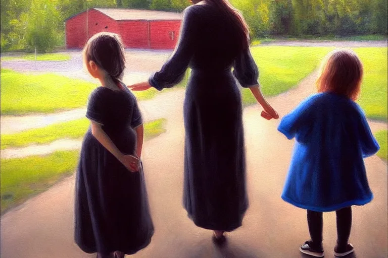 Image similar to ( ( a beautiful 8 k photorealistic masterpiece oil painting ) ( of ( mother encouraging her child to go out and play, the child is very nervous and shy ) ( finnish painting ) ) ( hyperrealism ) ( 1 6 k ) ( trending on artstation )