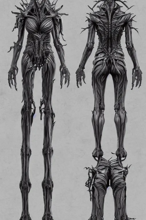 Image similar to vampire with gunmetal grey skin, medical anatomy, very symmetrical face, highly detailed, mecha, three - perspective / three - view reference sheet ( front / back / side ), in the style of dan ouellette, hr giger, sil from species, dren from splice, biomechanical, artstation, unreal engine