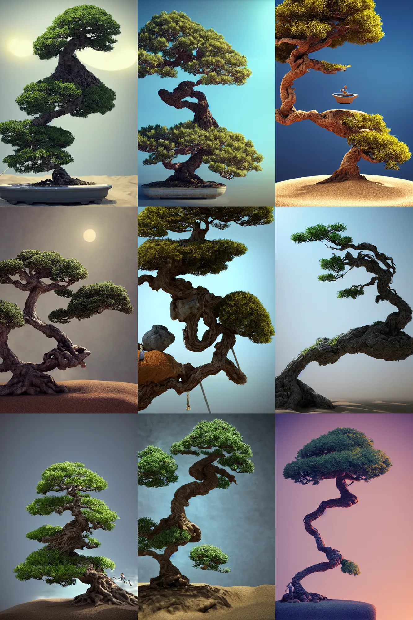 Prompt: swing on bonsai tree buried in sand, intricate detail, blue bonsai, volumetric lighting, epic composition, hyper detailed, ultra realistic, sharp focus, octane render, volumetric, ray tracing, artstation trending, cgsociety, sense of awe, 4 k