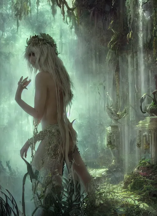 Image similar to Beautiful art full shot of taylor momsen as a fantasy priestess in a bright temple surrounded by lush forest, atmospheric lighting, intricate detail, cgsociety, hyperrealistic, octane render, RPG portrait, ambient light, dynamic lighting