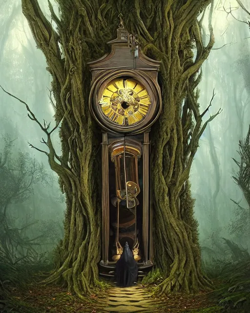 Image similar to highly detailed surreal vfx portrait of a cursed grandfather clock in a shadowy forest by a willow tree, stephen bliss, unreal engine, greg rutkowski, loish, rhads, beeple, makoto shinkai and lois van baarle, ilya kuvshinov, rossdraws, tom bagshaw, alphonse mucha, global illumination, detailed and intricate environment