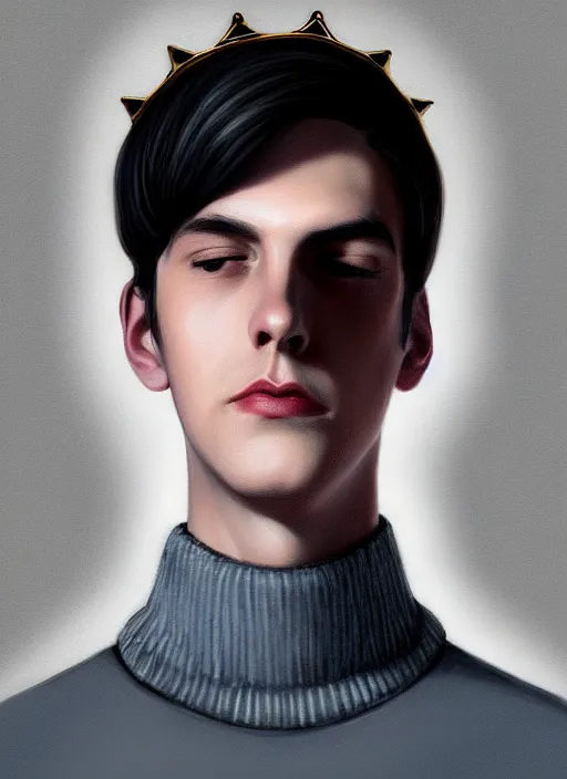 Image similar to portrait of teenage jughead jones wearing a light grey crown, crown, blue turtleneck, 1 9 5 0 s, closed eyes, photorealistic, black hair, glowing lighting, intricate, elegant, glowing lights, highly detailed, digital painting, artstation, concept art, smooth, sharp focus, illustration, art by wlop, mars ravelo and greg rutkowski