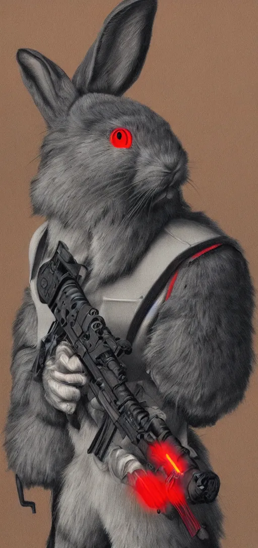 Image similar to portrait of neon fur rabbit with red eyes and a machine gun , 8k, highly detailed, sharp, realistic, in style of Brom