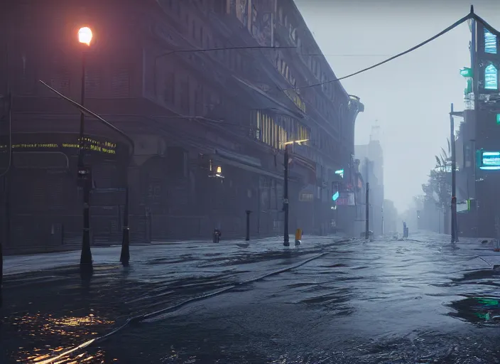 Prompt: dark, misy, foggy, flooded new york city street in Destiny 2, liminal creepy, dark, dystopian, highly detailed 4k in-game screenshot leak datamine from reddit