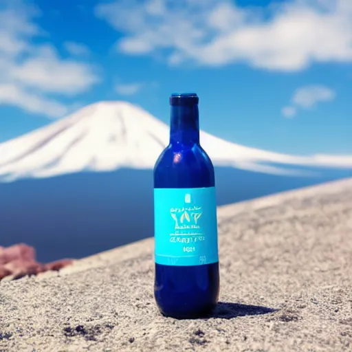 Prompt: symmetrical photo of small bottle standing in front volcano, products shot