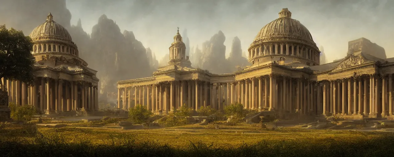 Prompt: A beautiful hyper realistic detailed matte painting of the Capitolium in the midnight::vibrant landscape::a lot of grass and bushes and trees::by John Howe and Andreas Rocha and Martin Johnson Heade and Albert Bierstadt::unreal engine, trending on artstation, golden ratio, rectilinear