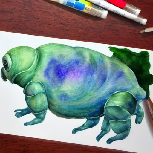 Prompt: tardigrade painting, soft lighting, dappled light, watercolor and colored pencil, vegetarian