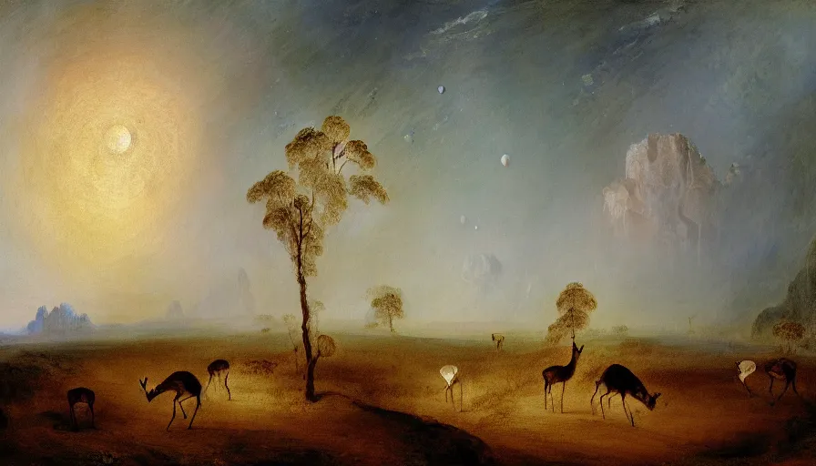 Image similar to highly detailed painting of antelopes in a small square flower garden on the dry grey cratered surface of the moon by william turner, thick brush strokes and visible paint layers, 4 k resolution