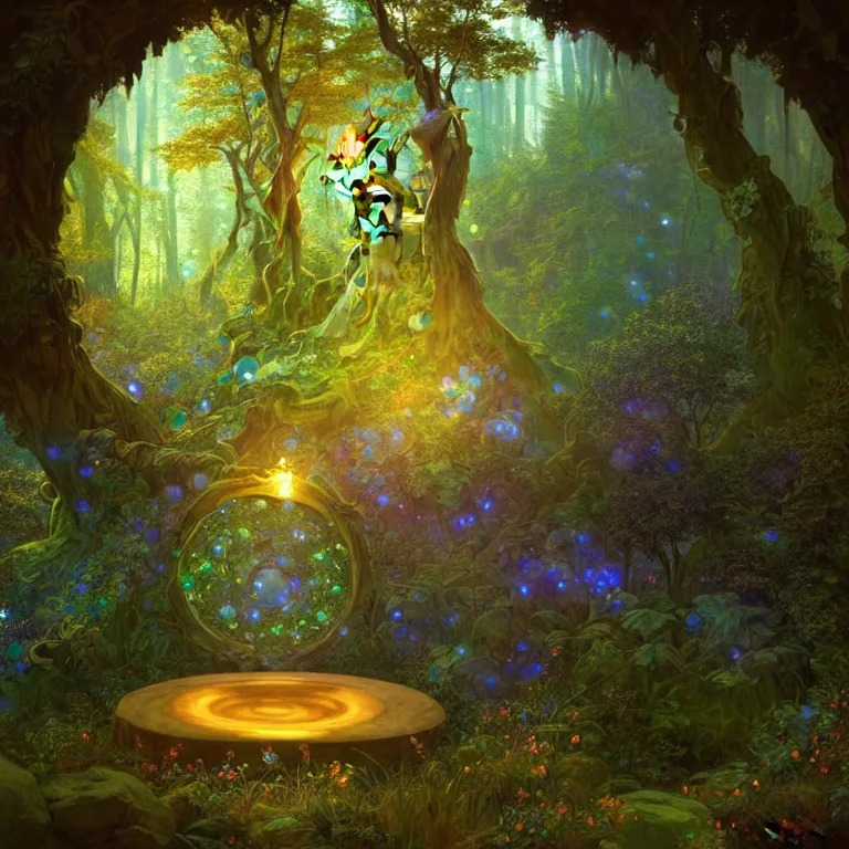 Prompt: Fantasy Magical fairy-tale glowing stone portal in the forest. Round stone portal teleport in trees to other worlds. Fantastic landscape. Magic Altar in the fores, highly detailed, digital painting, artstation, concept art, smooth, sharp focus, illustration, art by alphonse mucha