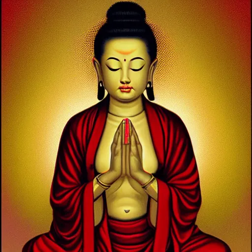 Prompt: contented female bodhisattva, praying meditating, portrait illustration by Jason Edmiston