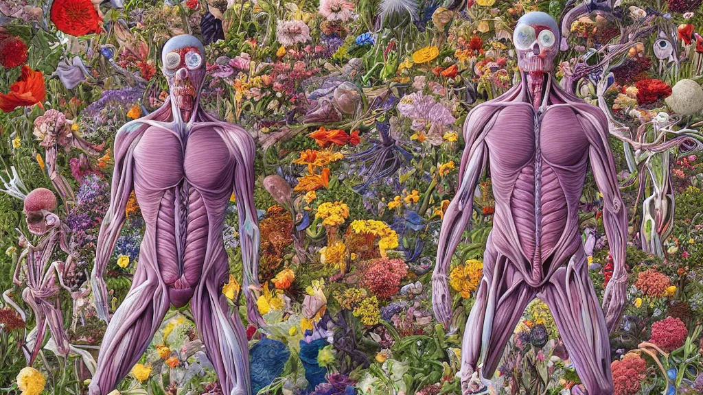 Image similar to highly detailed illustration of a human anatomy body exploded by all the known species of flowers by juan gatti, by makoto shinkai, by moebius!, by oliver vernon, by joseph moncada, by damon soule, by manabu ikeda, by kyle hotz, by dan mumford, by kilian eng