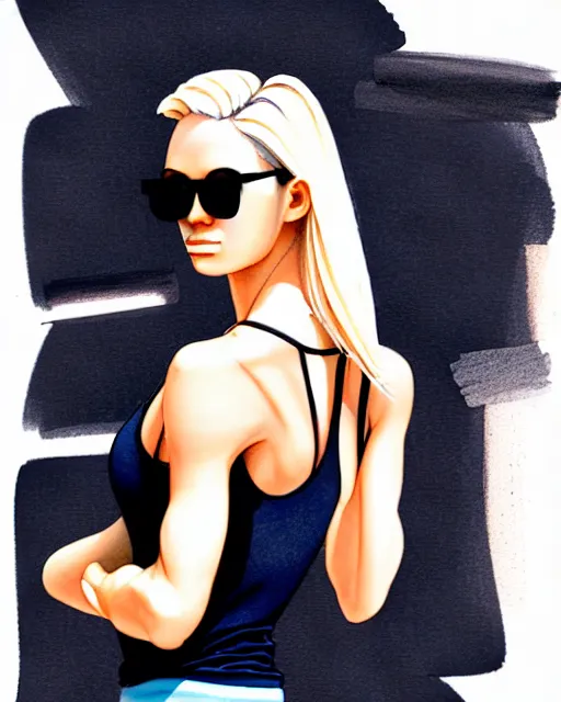 Prompt: overjoyed in anticipation to be sacrificed soon , a beautiful young euro-American woman with medium length bright blonde hair and tanned skin and slender figure in a black silk tank top and navy blue gym shorts and black-framed glasses, in complete focus, complex artistic color ink pen sketch illustration, professional composition, subtle detailing, gentle shadowing, ray-tracing render, fully immersive reflections in her eyes, heavenly concept art by Artgerm and Range Murata in collaboration.