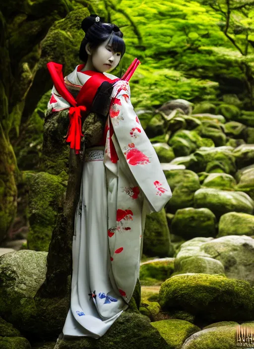 Image similar to photo of a japanese shrine maiden, young beautiful woman, award winning photo, stunning scenery, high definition, 8 k, dynamic lighting