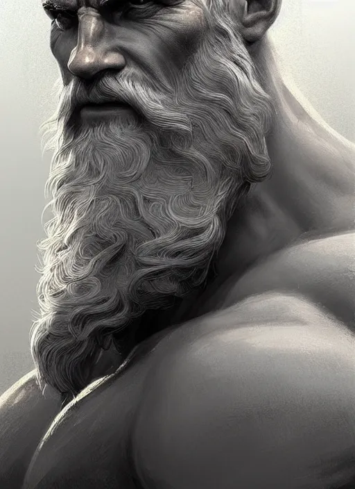 Image similar to painted portrait of rugged zeus, greek god, white hair, masculine, mature, handsome, upper body, muscular, hairy torso, fantasy, intricate, elegant, highly detailed, digital painting, artstation, concept art, smooth, sharp focus, illustration, art by gaston bussiere and craig mullins