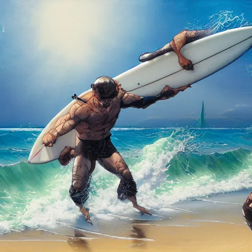 Prompt: surfing by takehiko inoue and kim jung gi, hiroya oku thomas kinkade, greg rutkowski and ilyaku, stanley artgerm lau, wlop, rossdraws, james jean, andrei riabovitchev, marc simonetti, yoshitaka amano, unreal engine, trending on artstation, trending on deviantart,