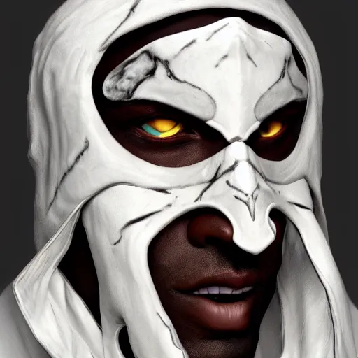 Image similar to a hyper realistic and detailed portrait of zum the planeswalker wearing a full face white marble mask completely hiding his face only showing it's eyes, focus on face, mystic, mysterious, merchant collector, 8k, no skin, black eyes, trending on artstation, masterpiece