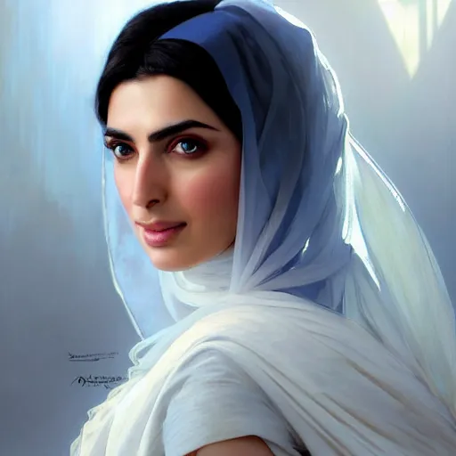 Prompt: a Photorealistic dramatic hyperrealistic,Crystal blue eyes arab woman ameera al taweel with black hair, white veil, elegant, calm, by WLOP,Artgerm,Greg Rutkowski,Alphonse Mucha, Beautiful dynamic,shadows,Artstation,concept design art,Octane render,8K