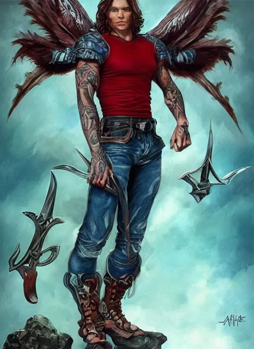 Image similar to high Fantasy Sam Winchester is a muscular armoured angel holding swords angei wings wide open, teared apart T-Shirt and jeans, red Sneakers, whole body tattooed with runes and satanic symbols, D&D!, fantasy style, sharp focus!, ultra detailed, art by Artgerm and Peter Andrew Jones, WLUP