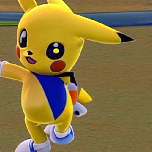 Prompt: a still of Pikachu in a sonic game