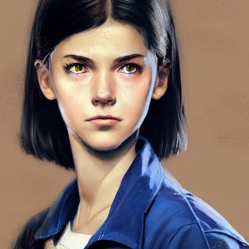 Image similar to portrait of a brunette thin teenager girl with blue eyes wearing school uniform in fallout, light stubble, digital art,photorealistoc,art by greg rutkowski,hyperdetailed,western comic style,comic,comic style,sharp lineart,professional lighting,deviantart,artstation,trevor henderson,rossdtaws,cinematic,dramatic