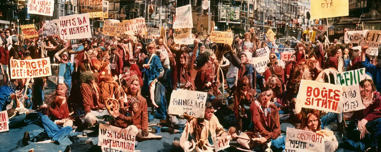 Prompt: hippies protesting with spaghetti signs, 1 9 6 0's,, high detail, canon 5 0 mm, cinematic lighting, photography, retro, film, kodachrome