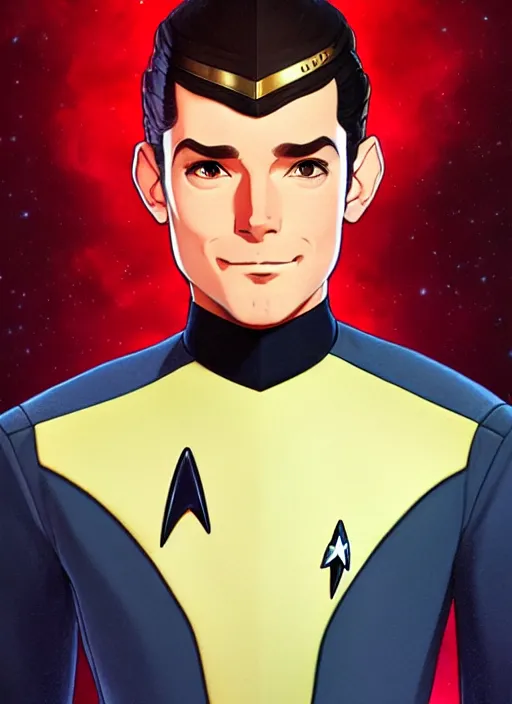 Image similar to cute star trek officer federico macheda, natural lighting, path traced, highly detailed, high quality, digital painting, by don bluth and ross tran and studio ghibli and alphonse mucha, artgerm