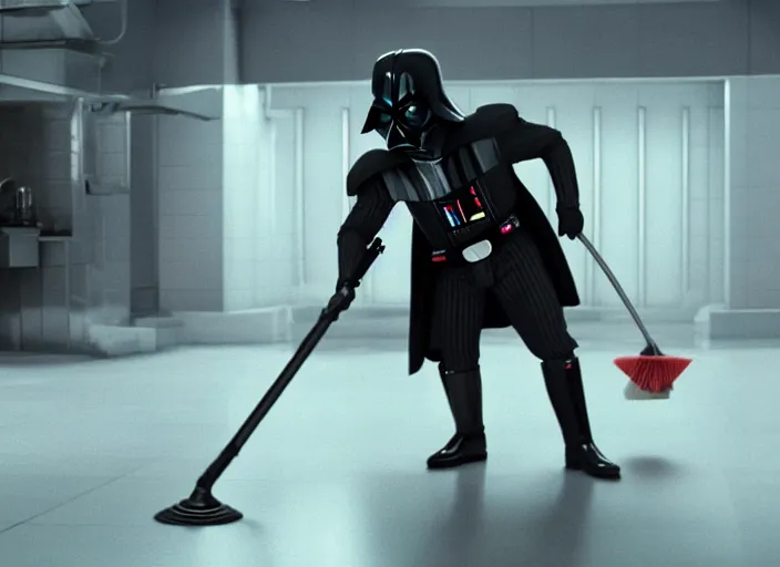 Image similar to film still of Darth Vader working as a janitor in the new Star Wars movie, 4k