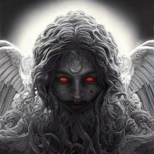 Image similar to photorealistic angelic demon in the style of michael whelan and gustave dore. hyperdetailed photorealism, 1 0 8 megapixels, amazing depth, glowing rich colors, powerful imagery, psychedelic overtones, 3 d finalrender, 3 d shading, cinematic lighting, artstation concept art