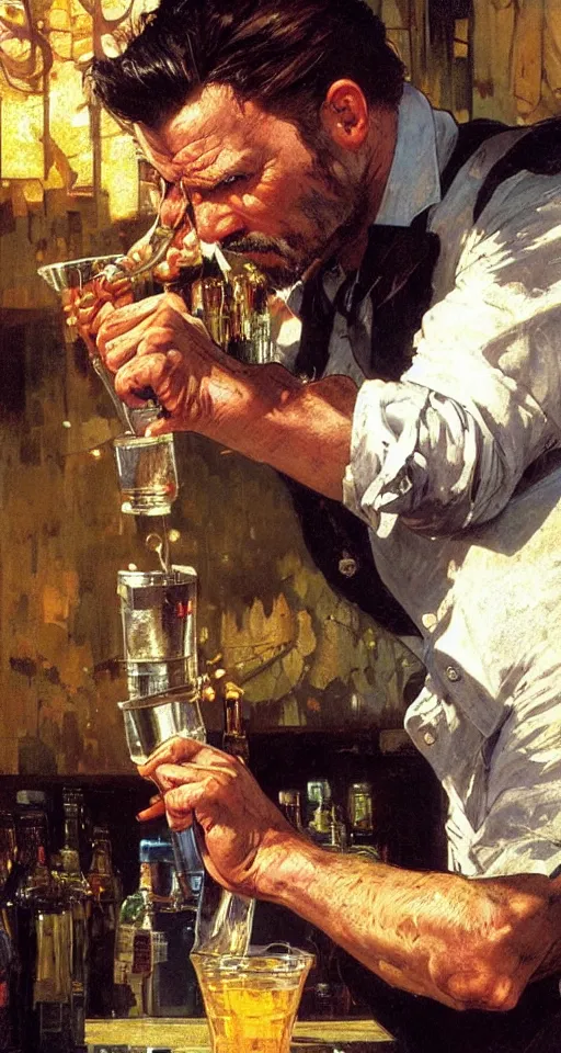 Image similar to close up of max payne pouring a drink, sun shining, photo realistic illustration by greg rutkowski, thomas kindkade, alphonse mucha, loish, norman rockwell.