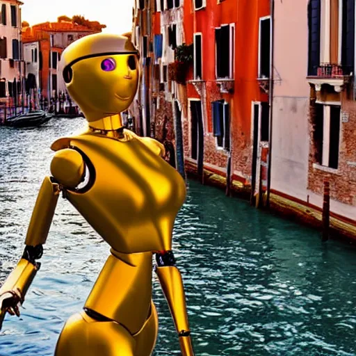 Image similar to two humanoid robots who faill in love in venice, sunset golden hour