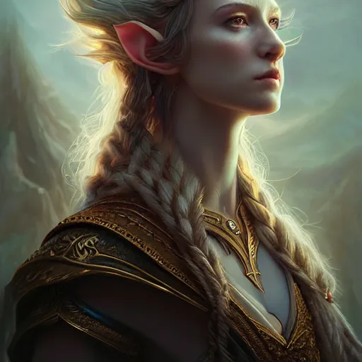 Image similar to Majestic and regal portrait of a riveting and awe inspirin girl High Elf nobility, intricate, epic, elegant, menacing, fantasy, photo realistic, digital painting, hard focus, beautiful volumetric lighting, epic light, ultra detailed, by Leesha Hannigan, Ross Tran, Thierry Doizon, Kai Carpenter, Ignacio Fernández Ríos