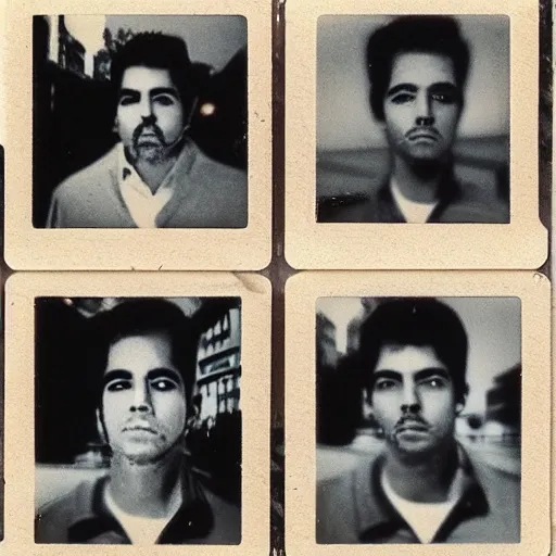 Image similar to 4 clones of emilio santiago on a streets of denver, realistic polaroid photo