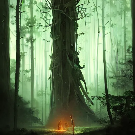 Image similar to concept art by greg rutkowski, a very tall and slender young man, frightened, surrounded by fireflies, in the middle of a forest of giant trees, detailed portraits, disturbing atmosphere, uncanny green lighting, scifi, digital painting, artstation, concept art, smooth, sharp foccus ilustration, artstation hq