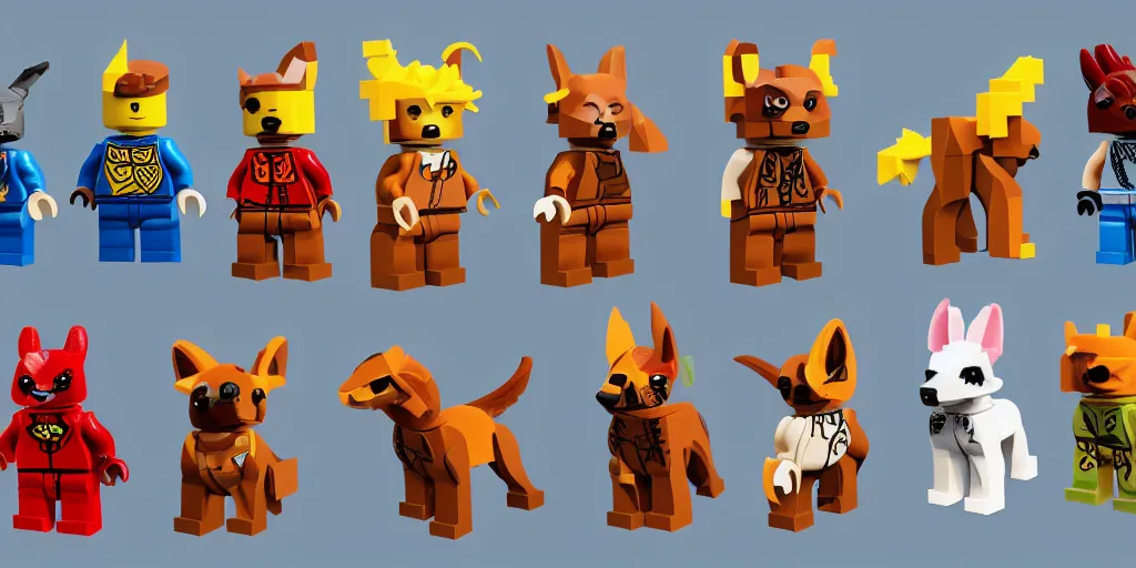 Image similar to small animals made of two or three lego bricks, four legged, quadrupedal, cute looking, kawaii, sharp focus, character sheet, game concept art, blocky, lego mixels