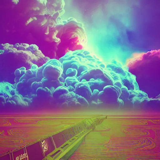 Prompt: [ palate ] [ muted neon colors ] intricate paisley design pattern in a nebulous cloud formation, giant merchant ship 🛳 crossing an alien ocean, vibrant lighting, 8 k resolution, octane render, award winning composition,
