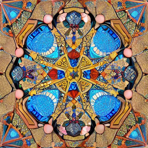 Prompt: Gilded Mana Crystals and Soapstone hearts in radial mosaic form, vivid, vibrant, geometric, art nouveau, art deco, vraytracing, artstation. Intricately detailed symmetrical bordered tiles