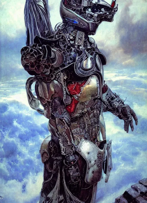 Image similar to portrait of a diabolical beautiful horse cyborg, torn cape, adaptive armor, dynamic pose, heavy eyes to the side, ancient ruins, glowing veins subsurface scattering, in clouds, sunset, portrait, by gerald brom, by mikhail vrubel, by peter elson, muted colors, extreme detail, reflections, trending on artstation, 8 k