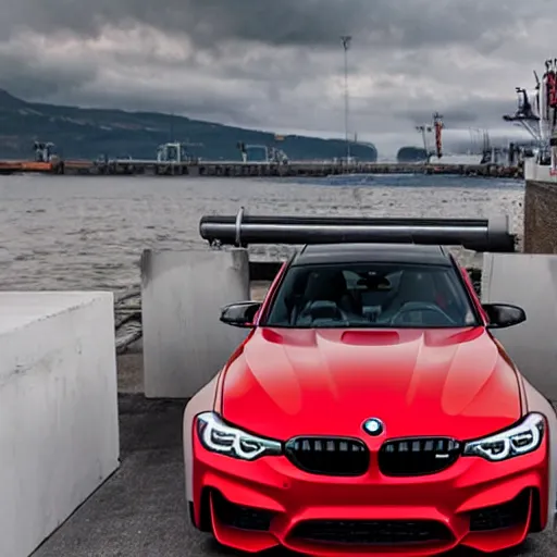 Prompt: red 2 0 2 2 bmw m 3 being stolen at the docks
