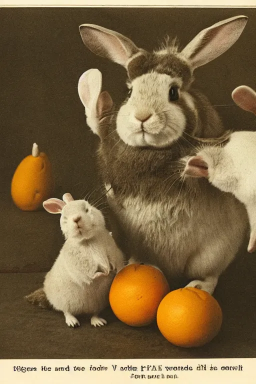 Image similar to fat rabbits with oranges vintage photograph