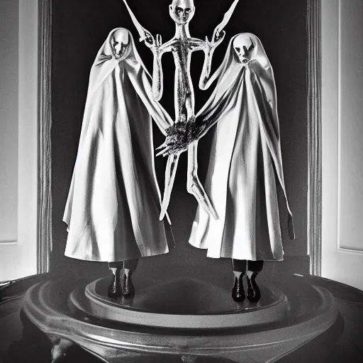 Image similar to black and white, award winning photo, levitating twin nuns each having 6 arms, wearing pentgram necklace, a guillotine is depicted, the nuns have Very long arms, in a sanctuary, eerie, frightening —width 1024 —height 1024