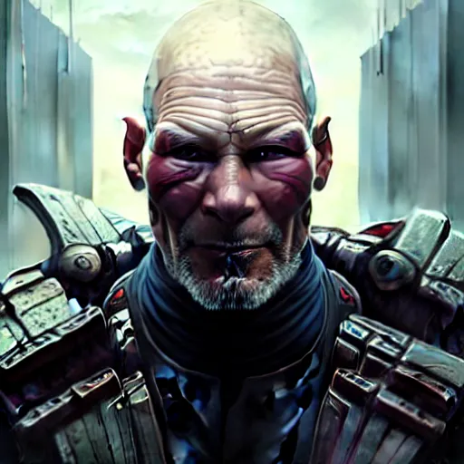 Image similar to portrait painting of a cyberpunk orc doctor extremely muscular patrick stewart with fangs and tusks, ultra realistic, concept art, intricate details, eerie, highly detailed, photorealistic, octane render, 8 k, unreal engine. art by artgerm and greg rutkowski and charlie bowater and magali villeneuve and alphonse mucha
