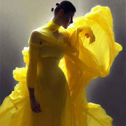 Prompt: a man in a yellow hazmat suit and a voluminous woman in a yellow organza dress both dancing, intricate, elegant, digital painting, concept art, smooth, sharp focus, illustration, from metal gear, by ruan jia and mandy jurgens and william - adolphe bouguereau, artgerm