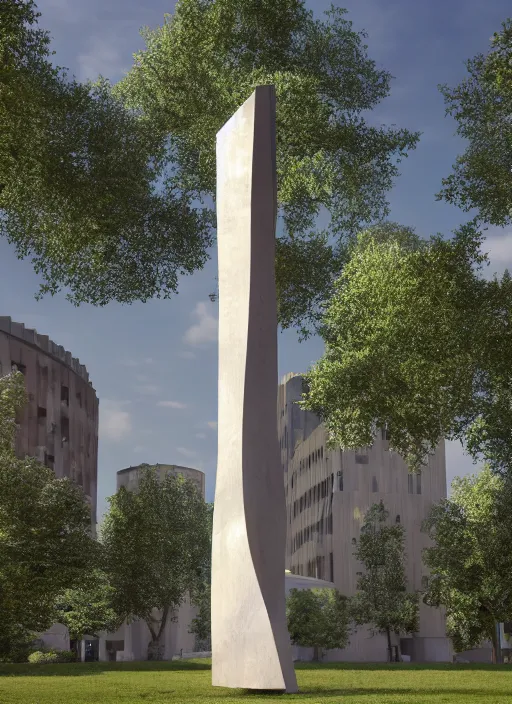 Image similar to highly detailed realistic architecture 3 d render of a futuristic stele monument in frank gehry style standing in city park, archdaily, made in unreal engine 4 octane render